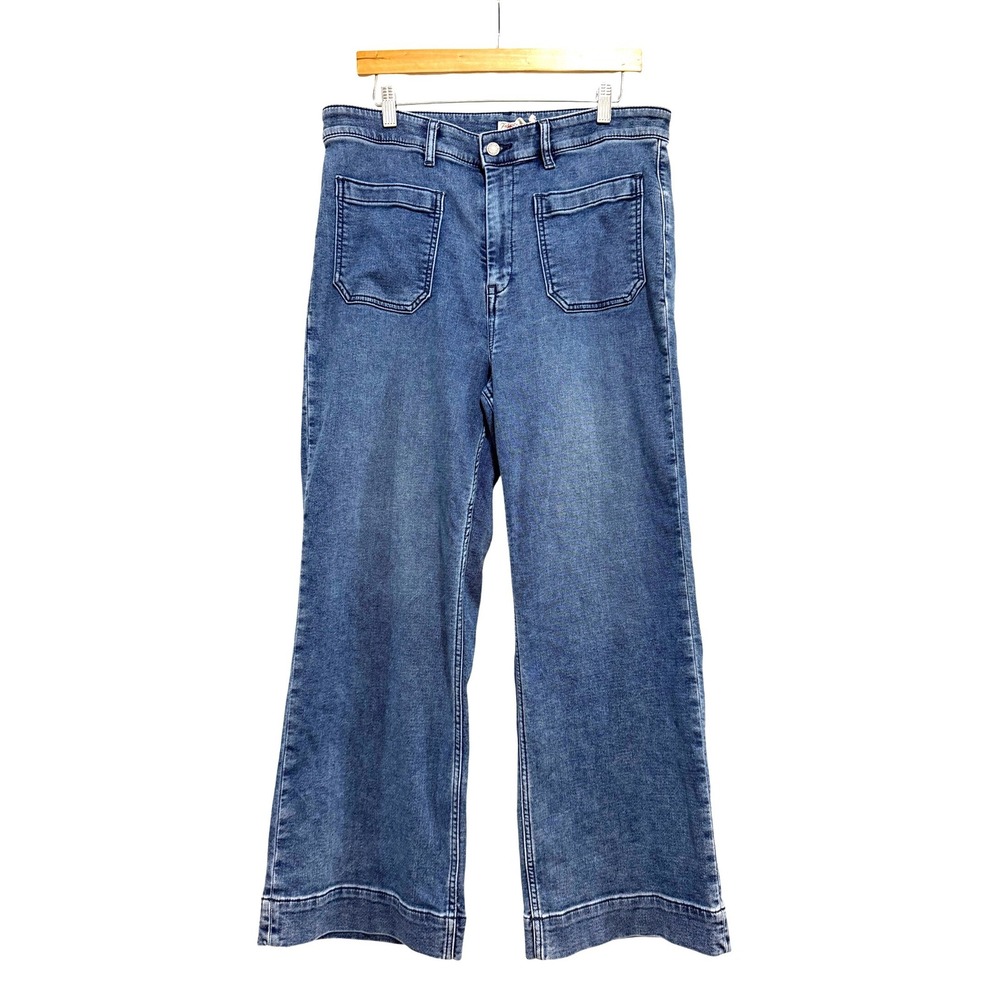 Faherty Brand Women Blue Indigo Wide Leg Patch Pocket High Rise Jeans Size 33